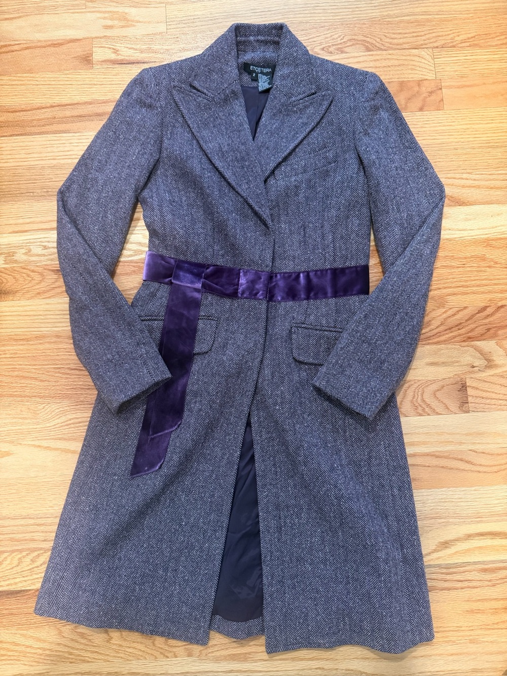 Etcetera Purple Herringbone Wool Silk Blend Long Coat Velvet Waistband Size 2